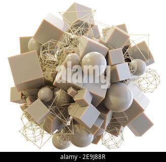 Arte astratta di cubi, sfere e oggetti a reticolo Foto Stock
