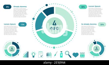 Infografica astratta della medicina. Diagramma del ciclo, grafico, grafico di presentazione. Concetto aziendale con 4 opzioni. Icona cuore, lente d'ingrandimento, siringa, bott Illustrazione Vettoriale