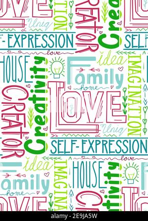 Modello di parole senza giunture. Carta da parati da composizione scritta. Famiglia e amore. Creatività e realizzazione di sé. Tessuto di citazioni e frasi. Arretramento Illustrazione Vettoriale