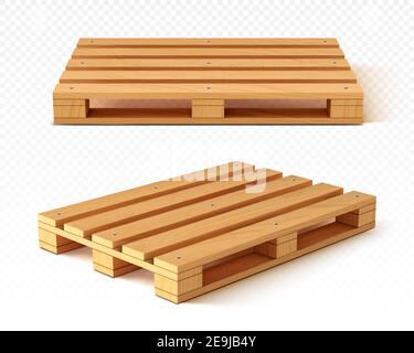 Vista frontale e angolare del pallet in legno. Vassoi di legno per il carico e il trasporto. Fornitura di merci, magazzino attrezzature di servizio isolate su sfondo trasparente immagine vettoriale 3d realistica Illustrazione Vettoriale
