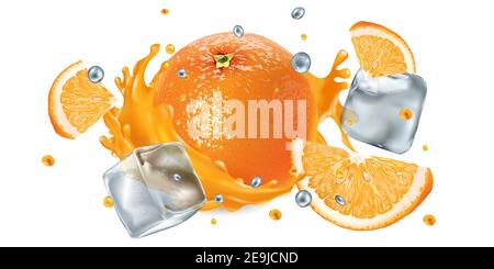 Arancio fresco in un tuffo di succo con cubetti di ghiaccio e gocce volanti Foto Stock