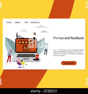 Pagina di destinazione per la revisione e il feedback. Applicazione di soddisfazione del servizio vettoriale, classificazione secondo esperienza e valutazione, commento di scrittura del cliente e rango Illustrazione Vettoriale