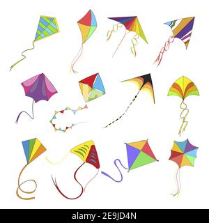 Set di aquiloni volanti, giocattoli colorati per bambini in alto cielo, vacanze indiane makar sankranti, gioco d'infanzia fly kite, intrattenimento. Illustrazione vettoriale Illustrazione Vettoriale