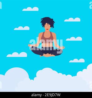 La donna medita e vola nel cielo nuvoloso. Esercizio di meditazione vettoriale in posa lotus, gir bell'equilibrio, pratica pacifica per la mente illustri sani Illustrazione Vettoriale