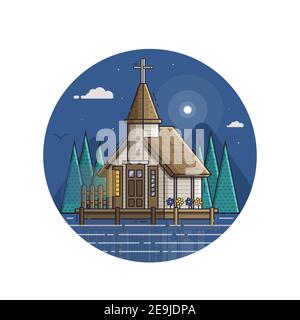 Marine Church Seaside icona in Line Art Illustrazione Vettoriale