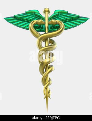 Caduceo. Simbolo della medicina isolato sullo sfondo. Ideale per pubblicazioni o stampe di grandi dimensioni. rendering 3d - illustrazione Foto Stock