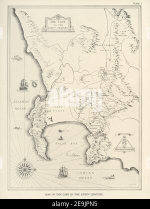 Mappa del Capo nel XVII secolo dal libro ' architettura del XVIII secolo in Sud Africa ' di Geoffrey Eastcott Pearse. Pubblicato da A.A. Balkema, Città del Capo nel 1933 G. E. Pearse fu tra i primi a portare l'architettura del Capo ad un vasto pubblico in modo accademico. L'architettura del diciottesimo secolo in Sud Africa è stata il risultato di molti anni di ricerca sul tema e rimane un importante lavoro di riferimento per il soggetto. Foto Stock