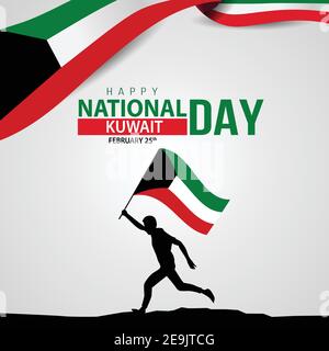 Felice giornata nazionale Kuwait un uomo che corre con bandiera Kuwait. Disegno di illustrazione vettoriale Illustrazione Vettoriale