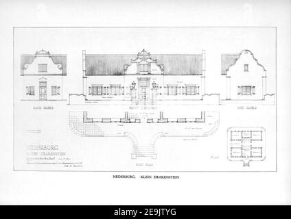 Nederburg, Klein Drakenstein dal libro ' architettura del XVIII secolo in Sud Africa ' di Geoffrey Eastcott Pearse. Pubblicato da A.A. Balkema, Città del Capo nel 1933 G. E. Pearse fu tra i primi a portare l'architettura del Capo ad un vasto pubblico in modo accademico. L'architettura del diciottesimo secolo in Sud Africa è stata il risultato di molti anni di ricerca sul tema e rimane un importante lavoro di riferimento per il soggetto. Foto Stock