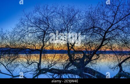 Tramonto sul Lago Starnberg, Fuenfseenland, alta Baviera, Baviera, Germania, Europa Foto Stock