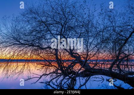 Tramonto sul Lago Starnberg, Fuenfseenland, alta Baviera, Baviera, Germania, Europa Foto Stock