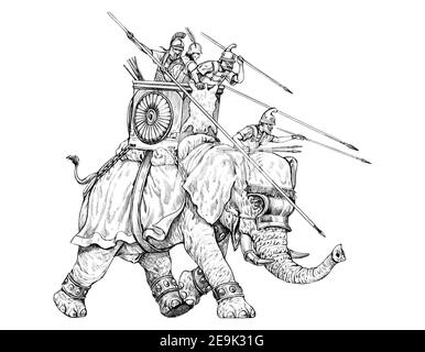 Attacco di elefante di guerra, esercito di Cartagine. Disegno a matita. Foto Stock