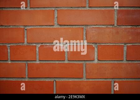parte di muro di mattoni rossi con cuciture grigie closeup. Foto Stock