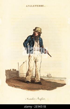 Marinaio britannico nella Marina di Lord Nelson, 1800. In cappello di paglia, fazzoletto, giacca blu, gilet a righe, pantaloni bianchi con fondo a campana, con un cudgel. Matelot Anglais. Incisione a mano su copperplate dopo un'illustrazione di William Alexander da J-B. Eyries’ l’Angleterre ou Costums, Moeurs et Usages des Anglais, Inghilterra: Costumi, maniere e Mores dell’inglese, Librairie de Gide Fils, Parigi, 1821. Jean-Baptiste Eyries (1767-1846) è stato un . Foto Stock