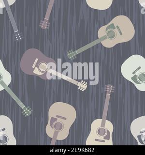 Vettore di chitarra acustica sfondo senza giunture. Strumenti musicali marroni a corda sullo sfondo con effetto legno. Design monocromatico a colori neutri. Hipster Illustrazione Vettoriale