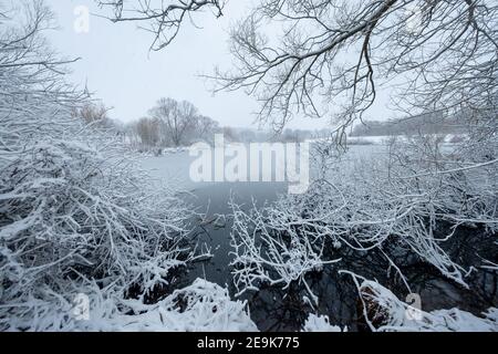 paesaggio invernale innevato in un ambiente tranquillo e tranquillo con un lago incorniciato da alberi Foto Stock