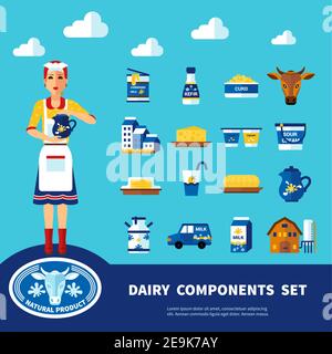 Insieme di componenti per il settore lattiero-caseario con icone di diversi prodotti naturali di illustrazione vettoriale isolata del latte e degli oggetti di fattoria Illustrazione Vettoriale