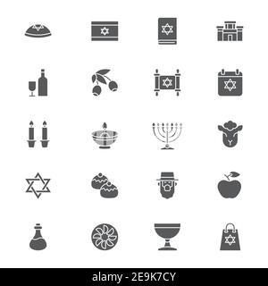 Insieme di icone Judaism, outline, glifo. Riempimento di una raccolta di simboli vettoriali. Segni, illustrazione del logo. Il set include icone come la festa ebraica hanukkah, david sta Illustrazione Vettoriale