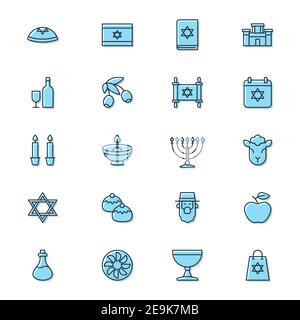 Insieme di icone Judaism, outline, glifo. Riempimento di una raccolta di simboli vettoriali. Segni, illustrazione del logo. Il set include icone come la festa ebraica hanukkah, david sta Illustrazione Vettoriale