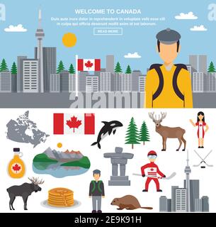 Set di icone piatte Canada con simboli nazionali emblemi di paese e paesaggio urbano decorativo con il turista sopra illustrazione vettoriale Illustrazione Vettoriale