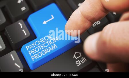 Pressione del dito sul tasto blu della tastiera bianca con PROGRAMMA DI PROTEZIONE PAYCHECK Firma. 3D. Foto Stock