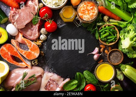 Concetto di dieta di Paleo. Alimenti grezzi prodotti ad alta proteina e a basso contenuto di carboidrati, ingredienti per alimenti sani. Spazio di copia. Vista dall'alto in piano. Foto Stock