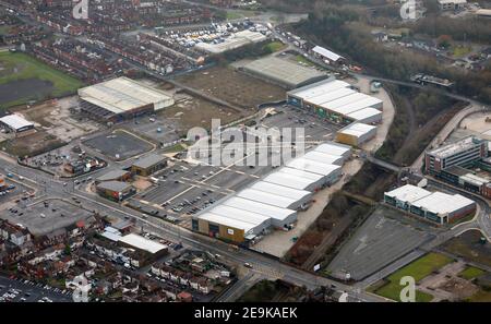 Vista aerea del Liverpool Shopping Park nell'area di Wavertree Di Liverpool Foto Stock