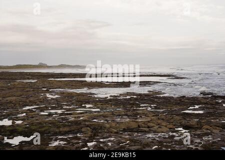 Vista delle isole Farne in lontananza dalla riva. Foto Stock