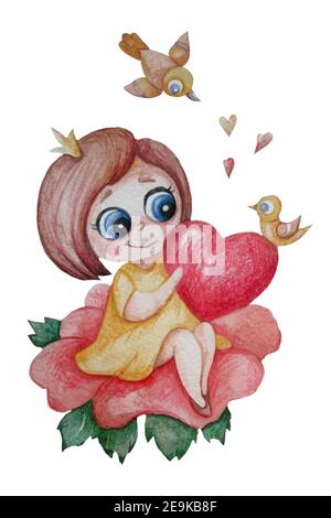 Carina principessa bambina con una corona si siede su un fiore rosa con un cuore grande e un uccello nelle sue mani su uno sfondo bianco. Acquerello. Disegno a mano fa Foto Stock