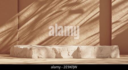 Prodotto podio fatto di roccia su parete beige con ombrellone albero ombra. Sfondo astratto della fase geometrica in pietra per la presentazione del prodotto. 3d rendering podio mockup. Foto Stock