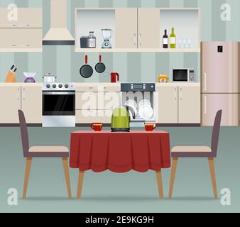 Cucina interna moderna cucina casalinga e sala da pranzo realistico illustrazione vettoriale del poster Illustrazione Vettoriale