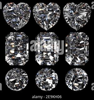 Set di diamanti isolati su sfondo grigio. rappresentazione-illustrazione 3d Foto Stock