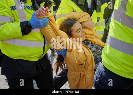 LONDRA - OTTOBRE 2019: Un'estinzione ribellione viene arrestata dalla polizia di Londra MET. Foto Stock