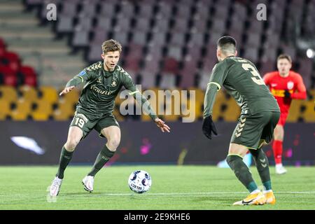 Farum, Danimarca. 4 Feb 2021. Morten Frendrup (19) di Broendby SE visto durante la 3F Superliga partita tra FC Nordsjaelland e Broendby SE in diritto a Dream Park a Farum. (Photo Credit: Gonzales Photo/Alamy Live News Foto Stock