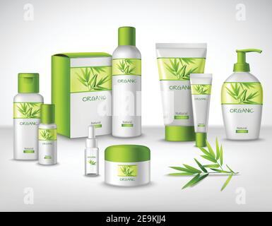 Prodotti cosmetici naturali di bambù a base di erbe in diversi contenitori decorativi set illustrazione vettoriale Illustrazione Vettoriale