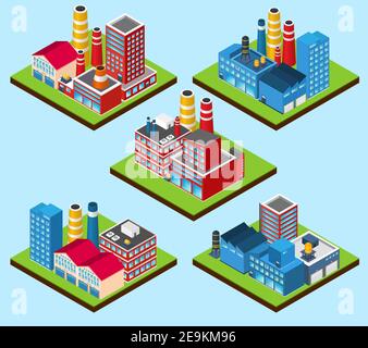 Edifici industriali centrale nucleare vettore isolato con set isometrico 3d illustrazione Illustrazione Vettoriale