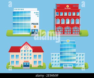 Gli edifici governativi sono emblemi della scuola della stazione dei vigili del fuoco dell'ufficio della polizia illustrazione vettoriale isolata dall'ospedale Illustrazione Vettoriale