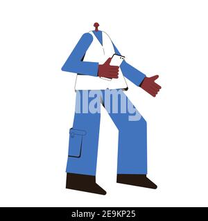 Adulto afroamericano uomo con telefono. Giovane personaggio maschile indossato in abiti casual in piedi con tavoletta isolata su uno sfondo bianco. Attesa persona Illustrazione Vettoriale