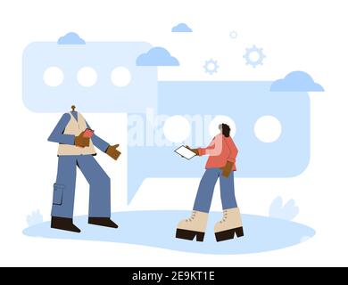 Coppia afroamericana. Donna e uomo con telefoni in piedi insieme. Moglie e marito indossano abiti casual che chiacchierano. Caratteri flat vettoriali illu Illustrazione Vettoriale