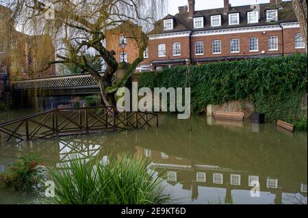 Eton, Windsor, Berkshire, Regno Unito. 5 febbraio 2021. I giardini Barnes Pool sotto il ponte Barnes Pool sono allagati. Un allerta alluvione rimane sul Tamigi sul tratto di Windsor ed Eton nel Berkshire a seguito di un accumulo di forti piogge negli ultimi giorni. La riduzione del diluvio del fiume Jubliee è in funzione, che prende le acque alluvionali in eccesso dal Tamigi e protegge le case dalle inondazioni. Credit: Maureen McLean/Alamy Live News Foto Stock