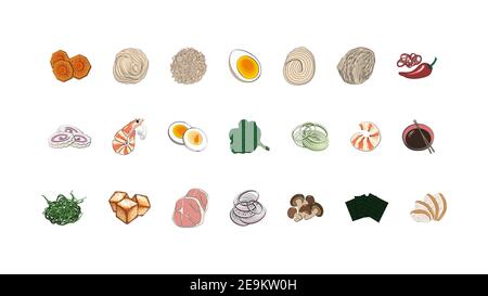 Cibo tradizionale giapponese o coreano - un grande set di ingredienti per le tradizionali zuppe orientali di noodle ramen. Illustrazione vettoriale in stile disegnato a mano Foto Stock