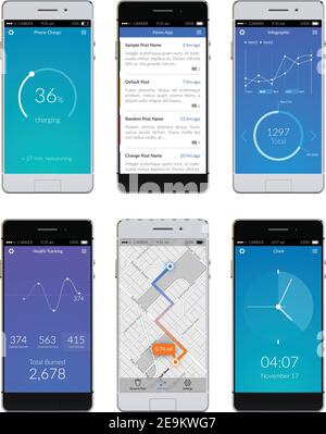 Smartphone 3d realistici impostati con app ui isolate sullo schermo illustrazione vettoriale Illustrazione Vettoriale