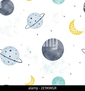 Nursery celestiale modello senza giunture con pianeti, luna e costellazioni con trama acquerello su sfondo. Vettore di stile scandinavo disegnato a mano Illustrazione Vettoriale