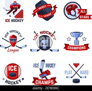 Hockey su ghiaccio campioni campionato sport emblemi insieme isolato vettore illustrazione Illustrazione Vettoriale