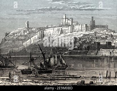 Vista storica di Badajoz, primi del XIX secolo, provincia di Badajoz, Spagna, dalle battaglie britanniche sulla Terra e sul Mare, di James Grant Foto Stock