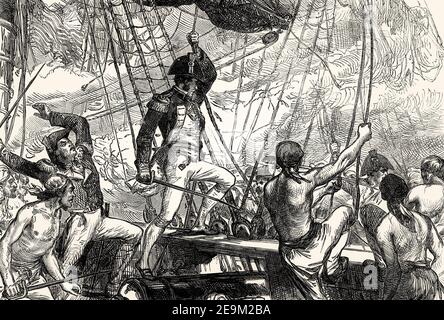 L'imbarco britannico USS Argus, 14 agosto 1813, Guerra del 1812, dalle battaglie britanniche su terra e mare, di James Grant Foto Stock