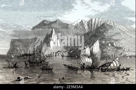 Vista storica dell'Elba, isola mediterranea in Toscana, Italia, inizio Ottocento, dalle battaglie britanniche sulla Terra e sul Mare, di James Grant Foto Stock