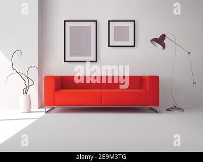 Realistico divano quadrato rosso con lampada e cornici interne illustrazione vettoriale Illustrazione Vettoriale