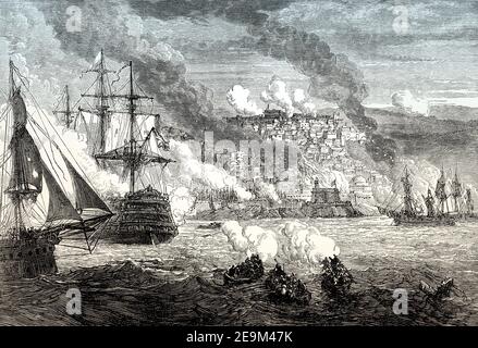 Il bombardamento di Algeri il 27 agosto 1816, Algeria, dalle battaglie britanniche su terra e mare, di James Grant Foto Stock