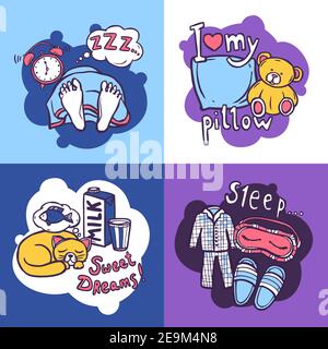 Il concetto di design del tempo di sonno e' composto da camera da letto e mano di addormentarsi icone disegnate illustrazione vettoriale isolata Illustrazione Vettoriale